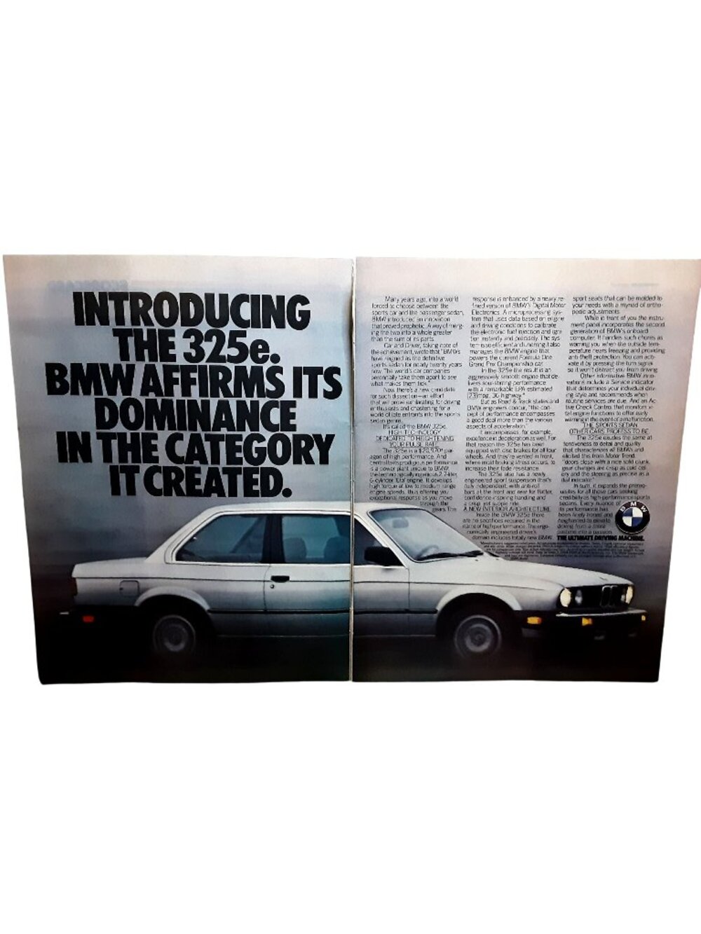 1984 BMW 325e 2 Page Vintage Print Ad Ultimate Driving Machine